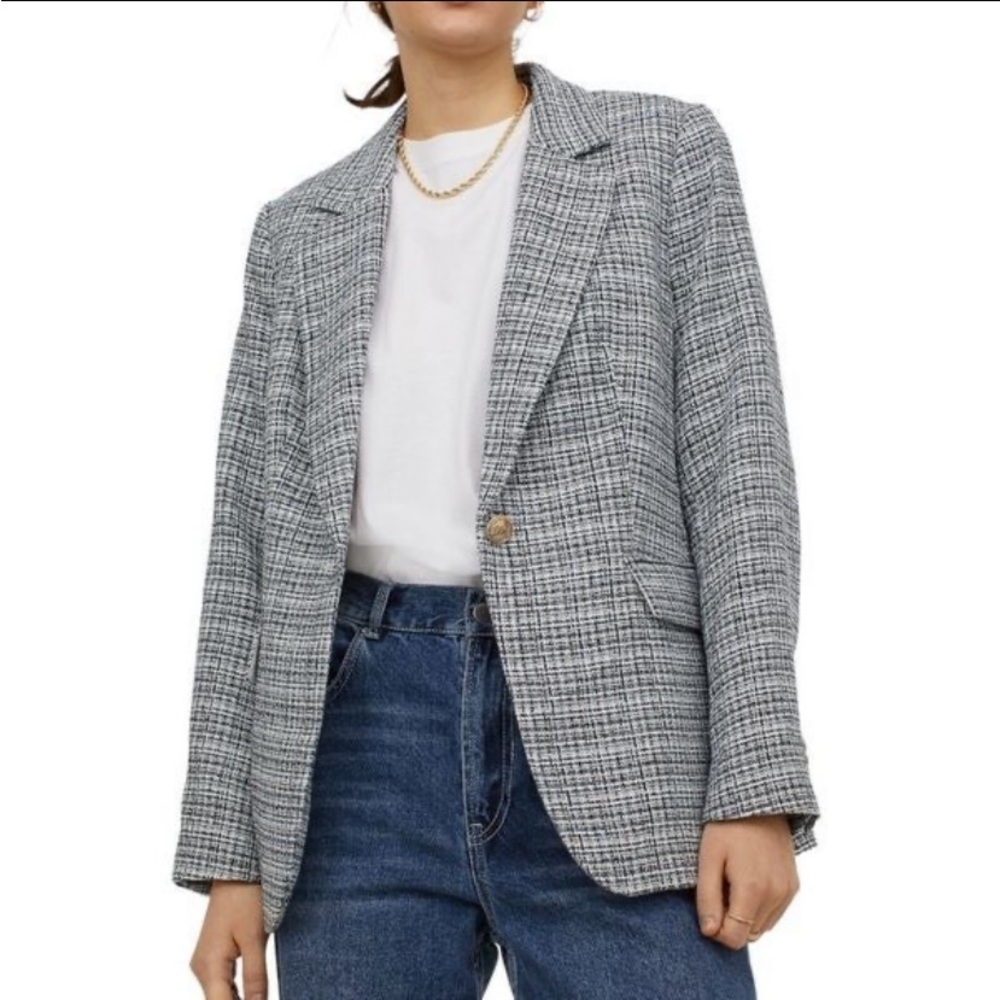 Boucle Single Breasted Plaid Blazer Jacket